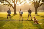 Friends enjoying pickleball with dog-themed paddles