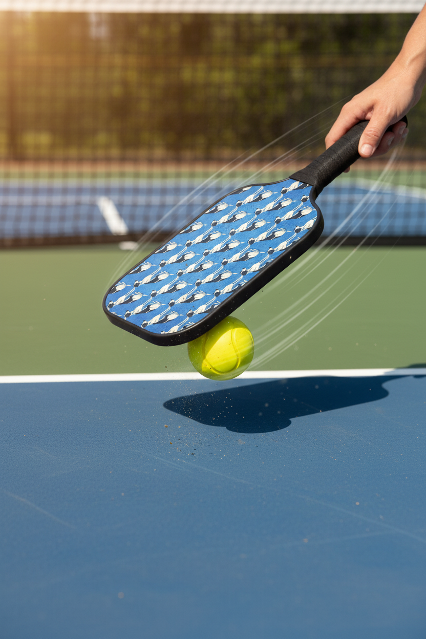 Close-up of dog paddle hitting yellow pickleball